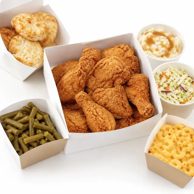 Fried chicken family meal with biscuits and sides